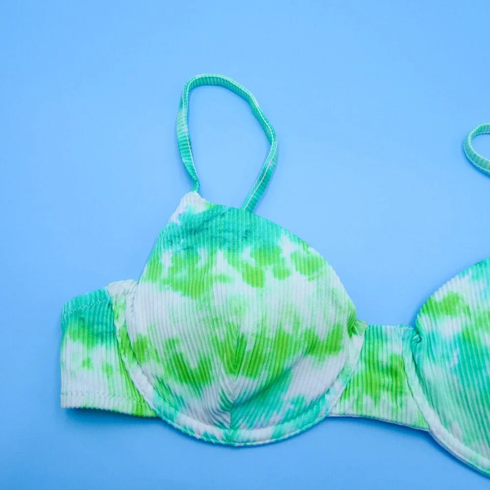 Victorias Secret Green Tie Dye Ribbed Large Underwired‎ Padded Bikini Top VS New